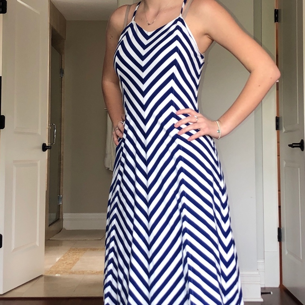 Maxi blue and white chevron striped dress